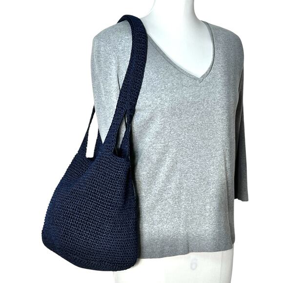 Purse The Sak Crochet Hobo Shoulder Bag Dark Blue Slouchy Inner Zip Pocket Lined - Picture 5 of 14